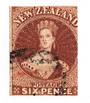 NEW ZEALAND 1864 Full Face Queen 6d Red-Brown. Watermark NZ. Imperf. Cut square. Two margins. Cancel off face. - 79281 - FU